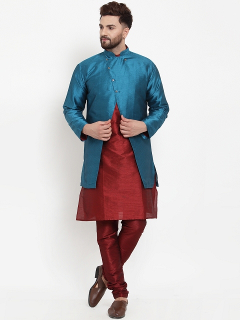 

Benstoke Men Maroon & Turquoise Blue Solid Kurta with Churidar & Sherwani