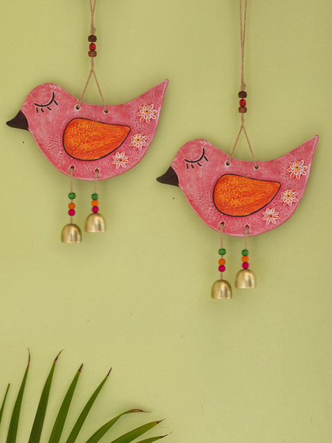 

ExclusiveLane Pack Of 2 Sparrows Hand-painted Decorative Wall Hanging In Terracotta, Pink