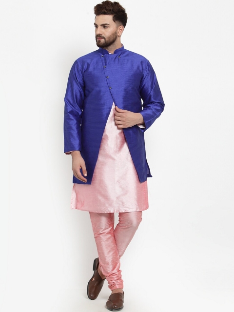 

Benstoke Men Pink & Blue Solid Kurta with Churidar & Sherwani