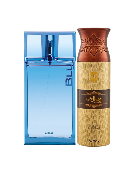 

Ajmal Men Set Of 2 Blu EDP Perfume Scent for Skin 90ml & Wisal Dhahab Deo Body Spray 200ml, Multi