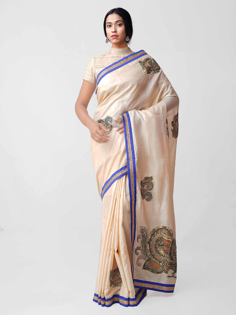 

Unnati Silks Beige & Blue Pure Silk Embroidered Kerala Tussar Saree