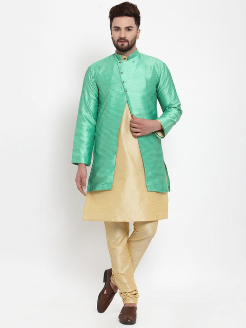 

Benstoke Men Gold-Toned & Green Solid Kurta with Churidar & Achkan