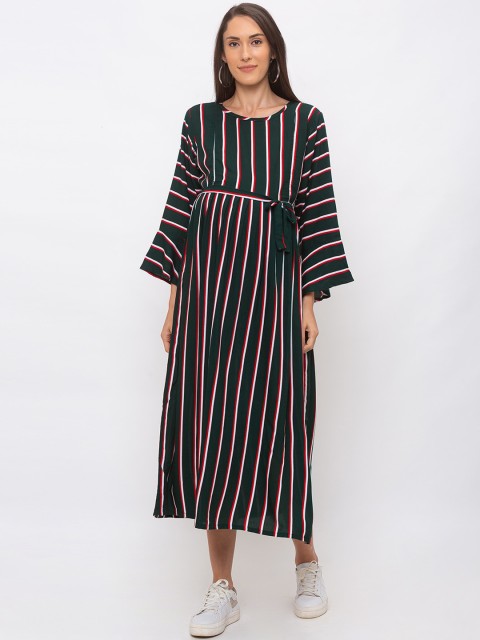 

MomToBe Women Green And Red Striped Maternity Fit and Flare Dress