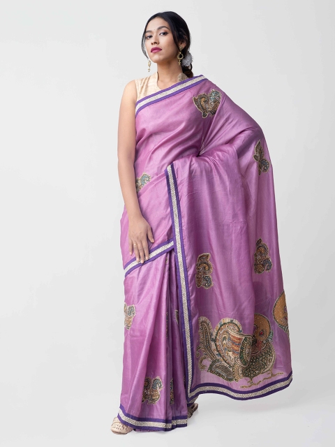 

Unnati Silks Purple & Yellow Pure Silk Embroidered Kerala Tussar Silk Saree