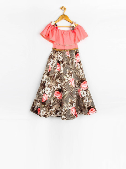 

Peppermint Girls Peach-Coloured Floral Printed Fit and Flare Dress