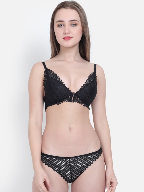

Golden Girl Women Black Self-Design Lace Lingerie Set Front Open