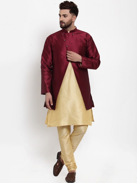Benstoke Men Gold & Maroon Solid Kurta with Churidar