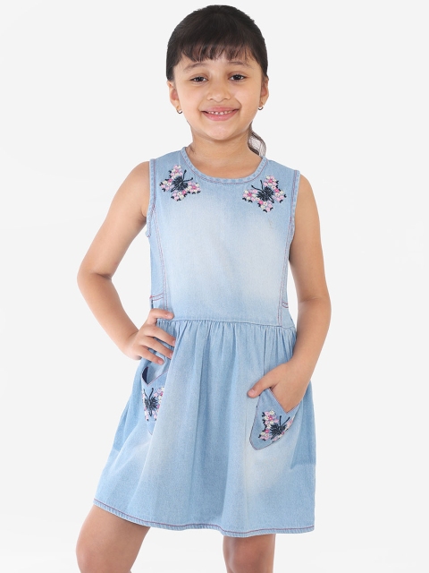 

Naughty Ninos Girls Blue Embroidered Fit and Flare Denim Dress