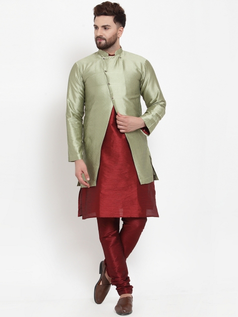 

Benstoke Men Maroon & Green Solid Kurta Pyjama with Sherwani