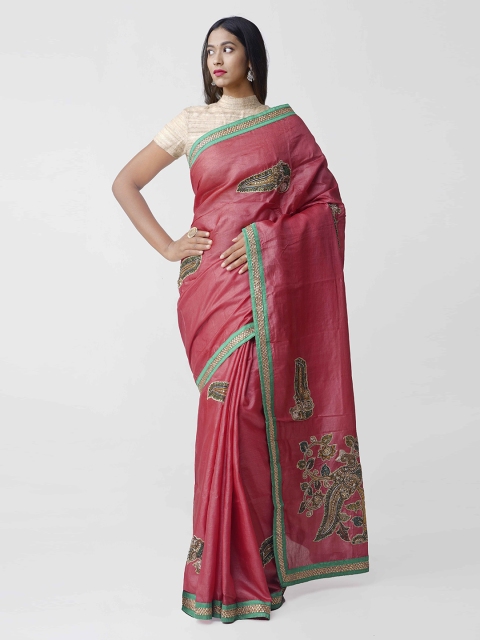 

Unnati Silks Red & Green Pure Silk Embroidered Kerala Tussar Saree