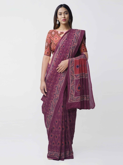 

Unnati Silks Women Burgundy Printed Pure Mulmul Cotton Saree with Ajrakh Prints
