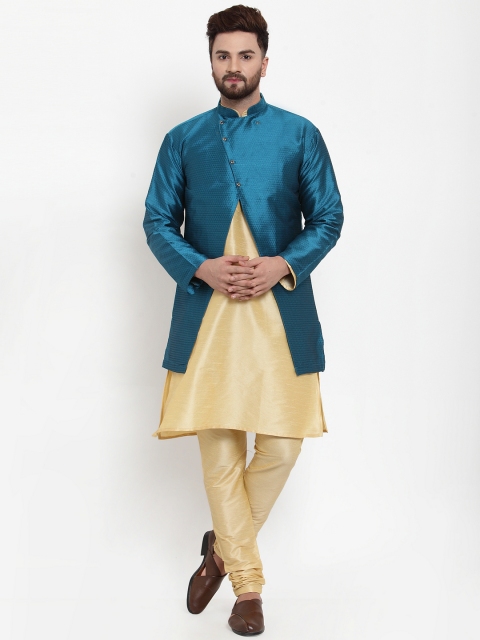 

Benstoke Men Gold-Toned & Teal Blue Self Design Kurta with Churidar & Achkan