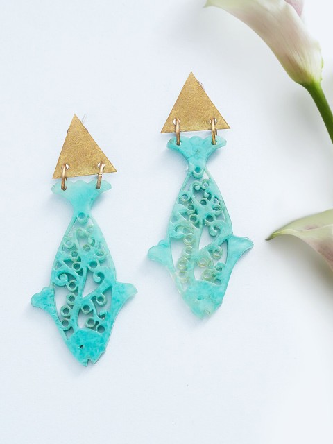 

Golden Peacock Blue & Gold-Plated Fish Shaped Drop Earrings