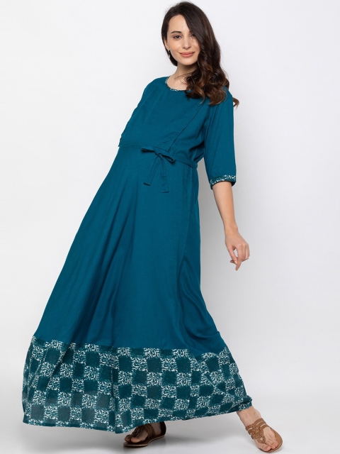 

MomToBe Women Sea Green Printed Maxi Cotton Maternity & Feeding Maxi Dress