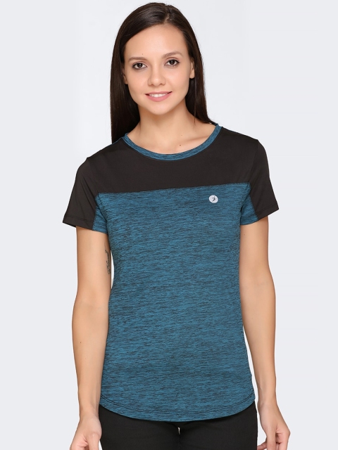 

BUKKUM Women Teal Blue Colourblocked Round Neck T-shirt