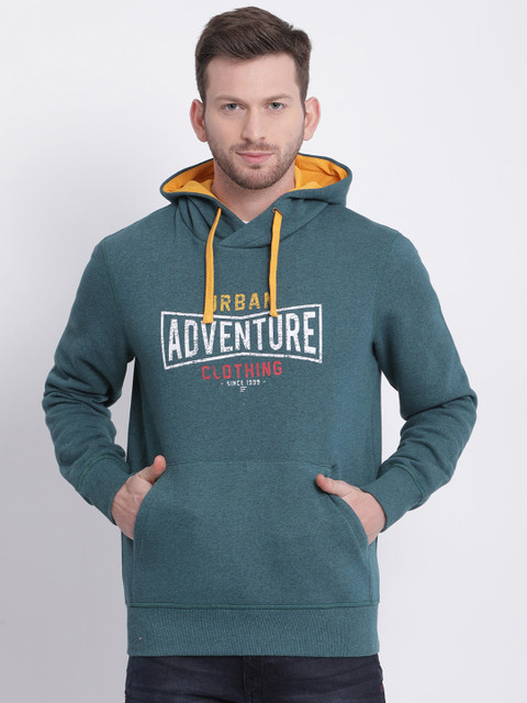 

t-base Men Sea Green Printed Hooded Sweatshirt