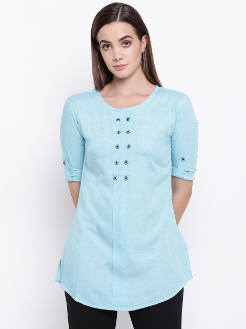 

RIVI Women Blue Solid Roll-Up Sleeves Longline Top