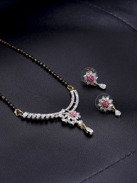 

Yellow Chimes Gold-Plated Black & White Beaded AD-Studded Mangalsutra & Earrings Set