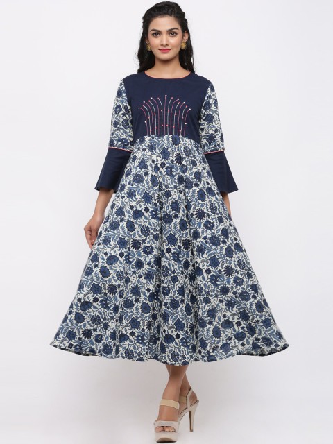 

FABRIC FITOOR Women Navy Blue & White Floral Print Fit and Flare Kurta Dress