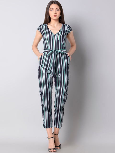 

FabAlley Women Blue & Green Striped Basic Jumpsuit