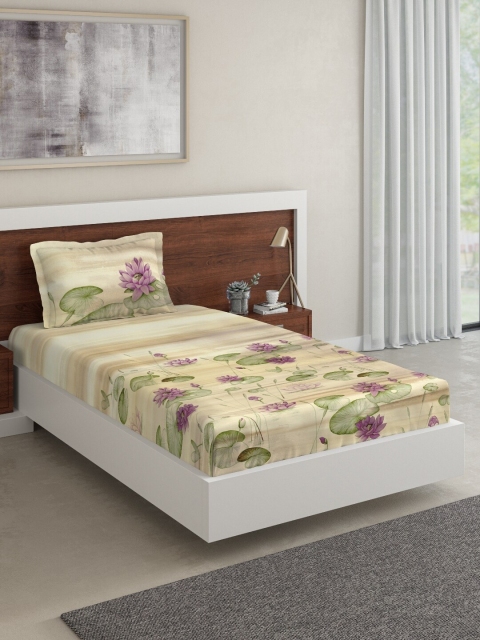 

DDecor Beige & Purple Floral 140 TC Cotton 1 Single Bedsheet with 1 Pillow Covers