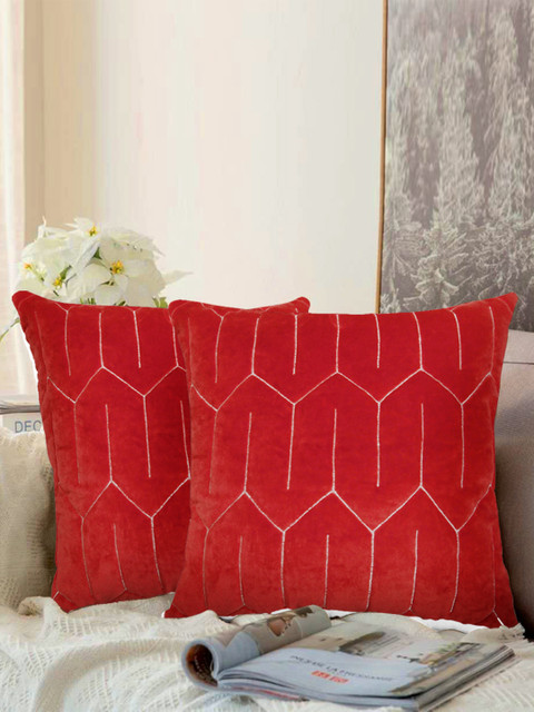 

LUXENMEAD Red Set of 2 Embroidered Square Velvet Cushion Covers