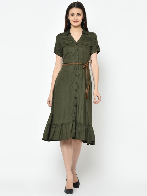 

Latin Quarters Women Olive Green Solid Shirt Dress