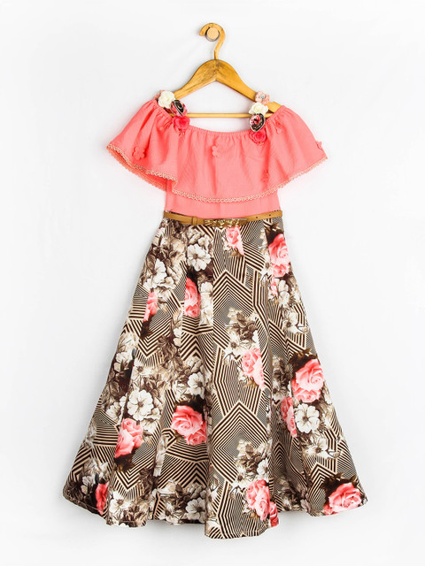 

Peppermint Girls Peach-Coloured & Grey Floral Printed Fit and Flare Dress