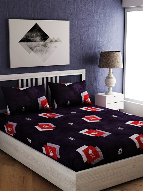 

EverHOME Navy Blue & Red Floral 250 TC Cotton 1 King Bedsheet with 2 Pillow Covers
