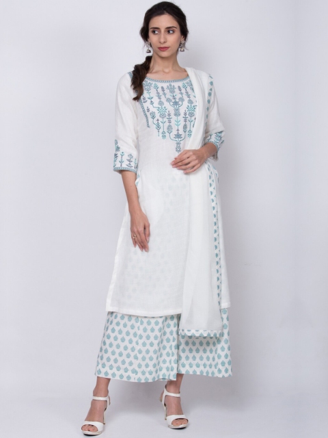 

Biba Women Off-White Printed Kurta with Palazzos & Dupatta