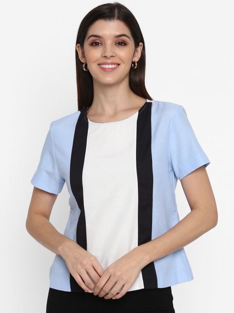 

Mode by Red Tape Women Blue & Whire Colourblock Pure Cotton Top