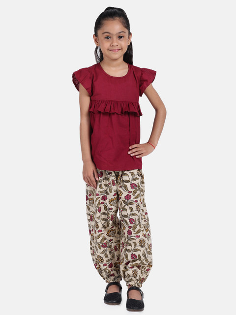 

BownBee Girls Maroon Solid Kurta with Harem Pants