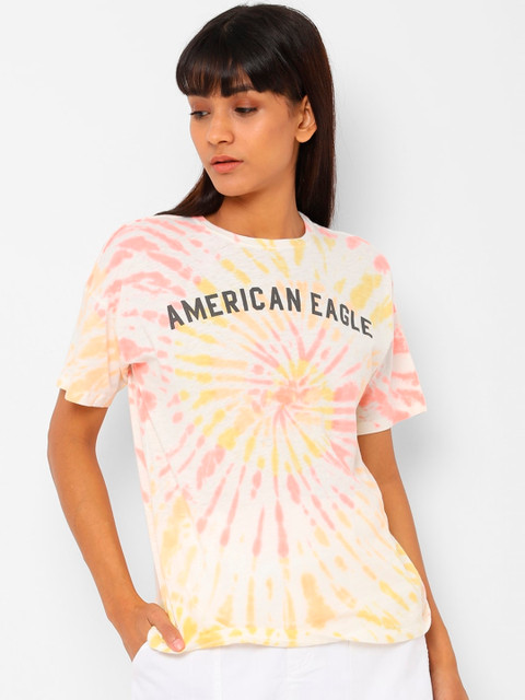 

AMERICAN EAGLE OUTFITTERS Women White & Pink Dyed Round Neck T-shirt