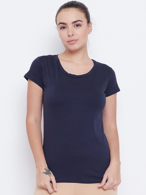 

ALIZA Women Navy Blue Solid Sports Wear Round Neck T-shirt