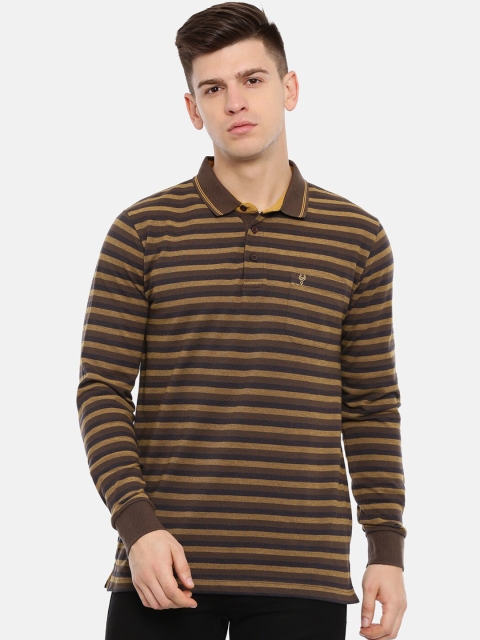 Classic Polo Men Brown Striped Polo Collar Slim Fit T-shirt