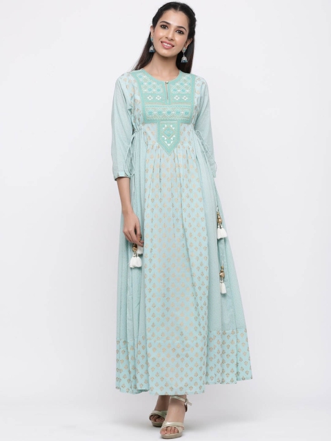 

Juniper Women Sea Green & Gold Embroidered Maxi Dress