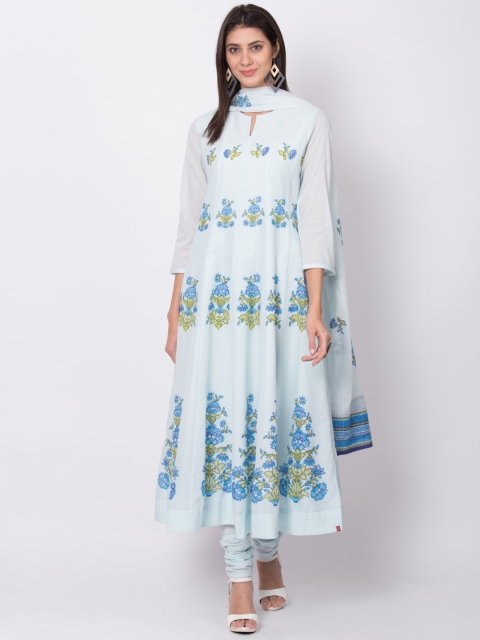 

Biba Women Blue Printed Kurta with Churidar & Dupatta