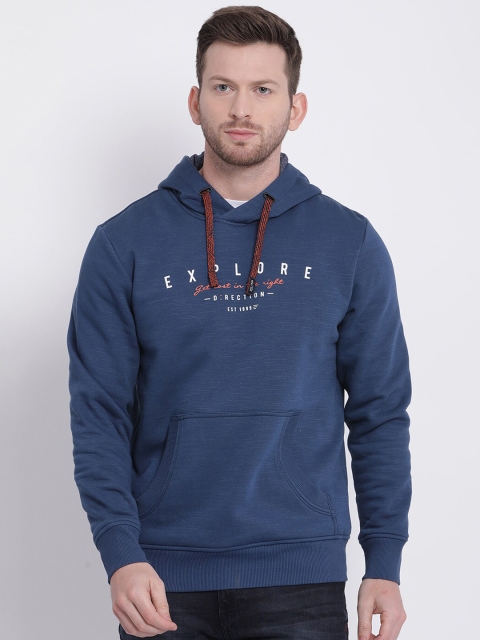 

t-base Men Navy Blue Printed Fleece Hooded Sweatshirt