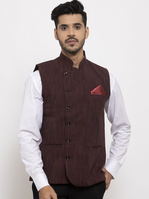 

KLOTTHE Men Burgundy & Brown Woven Design Nehru Jacket