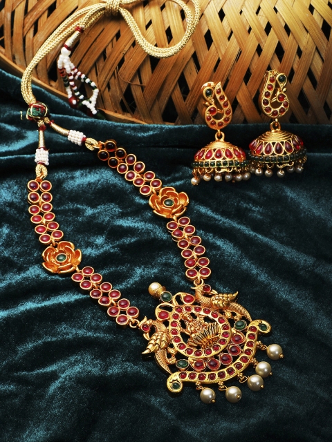 

Adwitiya Collection 24CT Women Gold-Plated Temple Antique long Jewellery Set