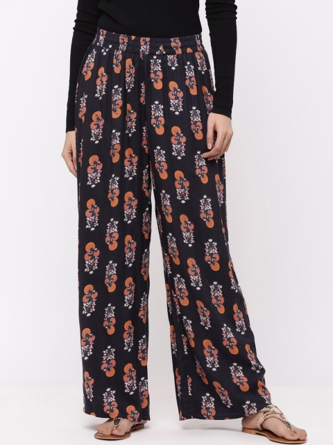 

Juniper Women Navy Blue Printed Wide Leg Palazzos