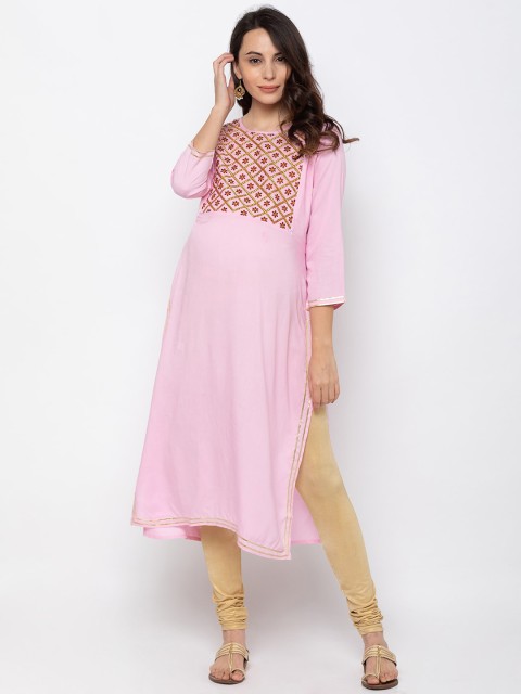 

MomToBe Women Pink & Red Embroidered Yoke Design A-Line & Maternity & Feeding Kurta