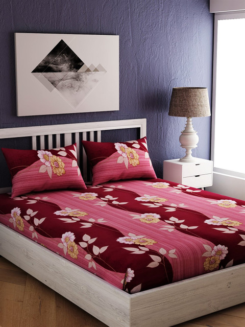 

EverHOME Maroon & Pink Floral 250 TC Cotton 1 King Bedsheet with 2 Pillow Covers