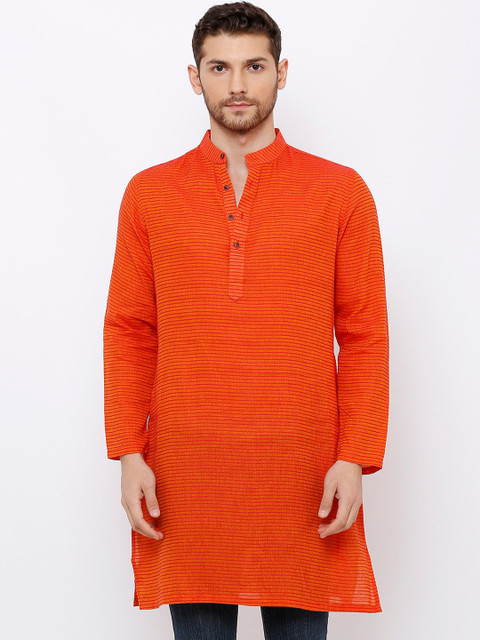 

SALWAR STUDIO Men Orange Striped Straight Handloom Kurta