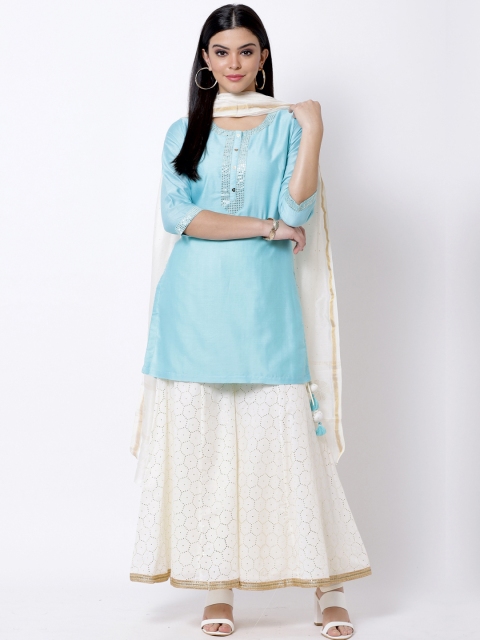 

Biba Women Turquoise Blue & White Yoke Design Kurti with Palazzos & Dupatta