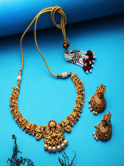 

Adwitiya Collection 24 K Gold-Plated & Magenta Studded Antique Temple Jewellery Set