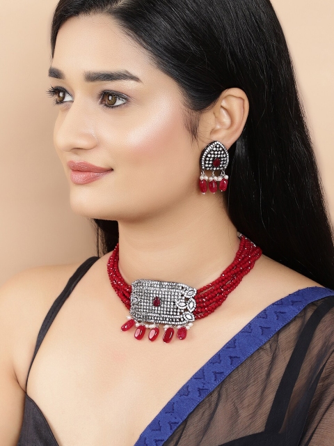

Rubans Silver-Plated Red & White Stone-Studded Beaded Handcrafted Jewellery Set