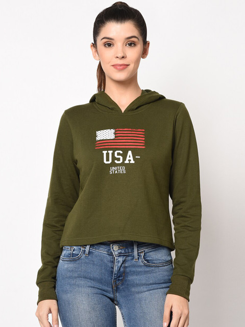 

ELEGANCE Women Olive Green Printed Hooded Sweatshirt