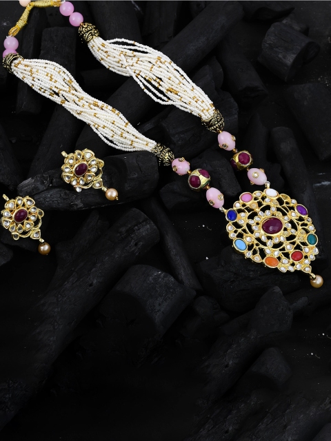 

Silvermerc Designs Gold-Plated White & Pink Kundan & Stone-Studded Pearl Jadau Jewellery Set