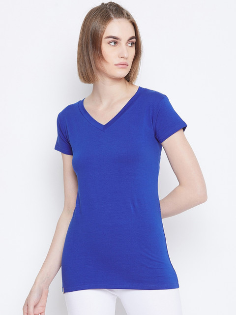 

ALIZA Women Blue Solid V-Neck Yoga T-shirt